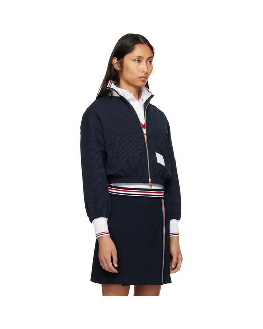 Thom Browne Blue Wool Seersucker Zip Up Track Jacket