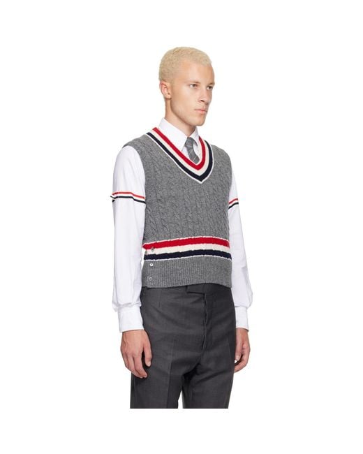 Thom Browne Gray Baby Cable V-Neck Cricket Rwb Vest for men