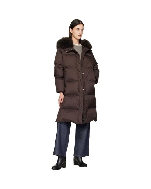 Yves Salomon Brown Waterproof Technical Lambswool Trim Long Down Jacket