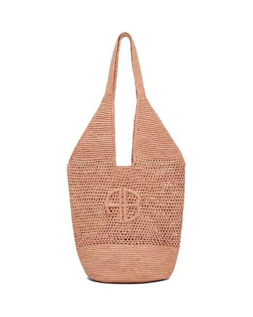 Anine Bing Brown Leah Logo Raffia Bag