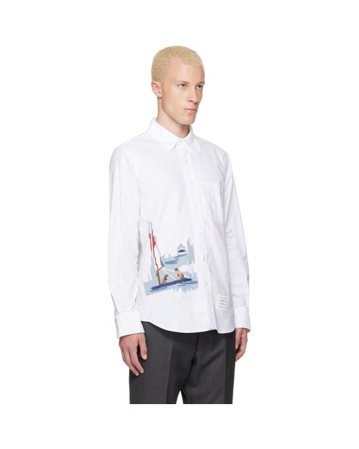 Thom Browne White Scenic Sailboat & Shark Oxford Shirt for men