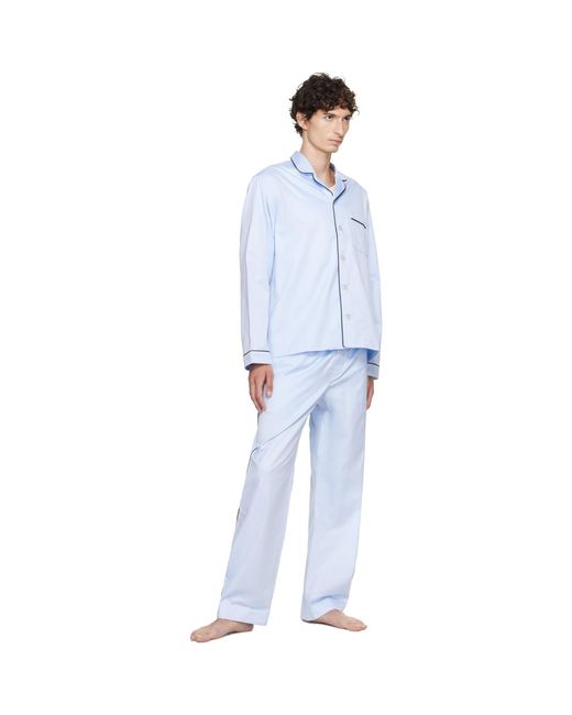 Tekla Blue Sateen Long-Sleeved Pyjama Shirt for men