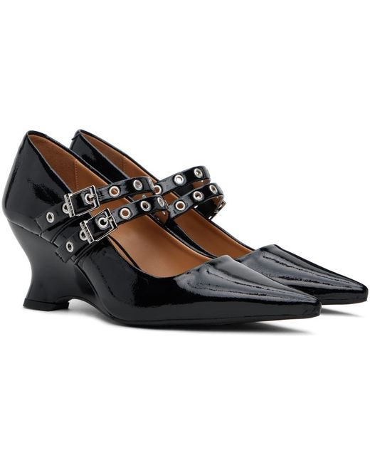Chaussures à talon compensé noires à brides à œillets Ganni en coloris Black