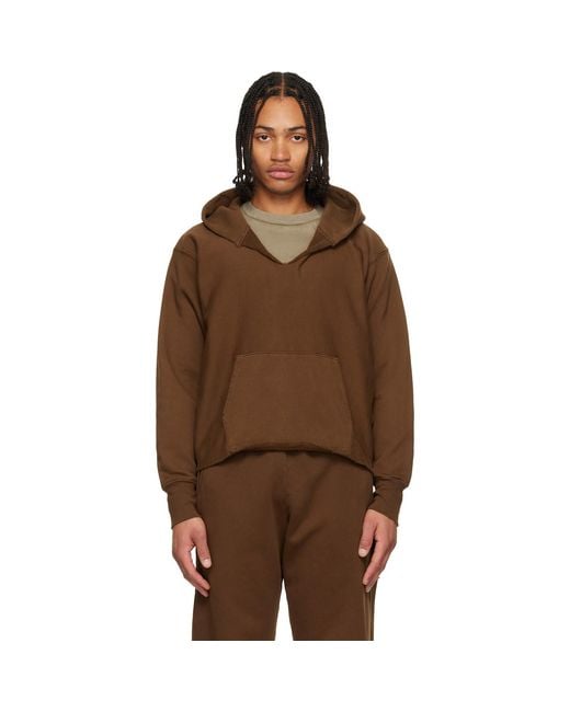 Les Tien Brown Heavyweight Raw Cropped Hoodie for men