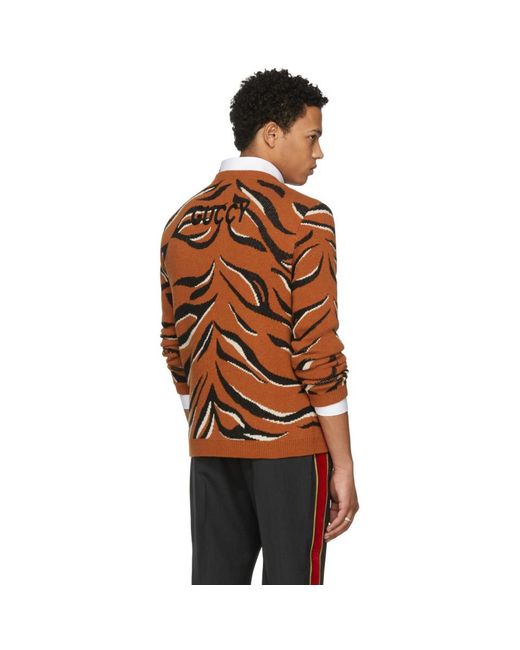 Gucci Orange Guccy Tiger Intarsia Sweater for Men