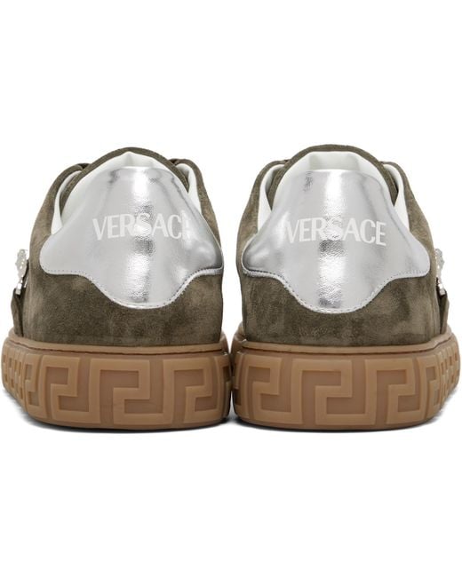 Versace Black Khaki Greca Embellished Suede Sneakers for men