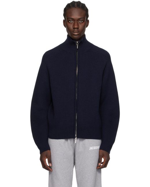 Jacquemus Blue High Neck Zipped Cardigan, Dark, 100% Wool, Size: Medium for men