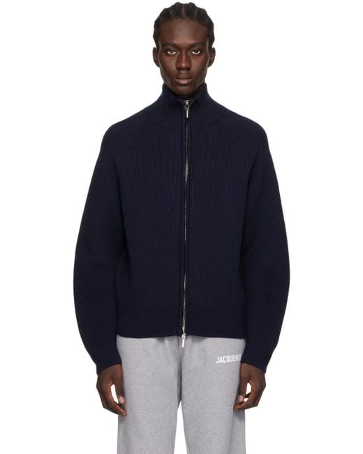 Jacquemus Blue 'High Neck Zipped Cardigan, Dark, 100% Wool, Size: Small for men