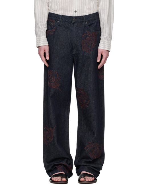 メンズ Dries Van Noten ネイビー Embroidered Pattern ジーンズ Blue