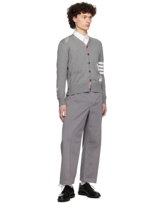 Thom Browne Gray Feather High V-Neck Cardigan for men