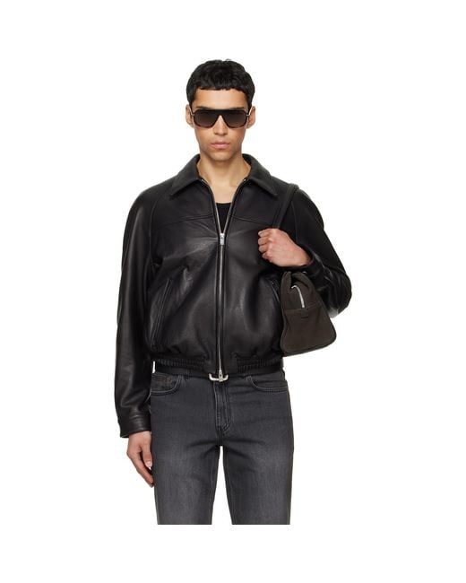 TONYWACK Black Vintage Lamb Leather Bomber Jacket for men