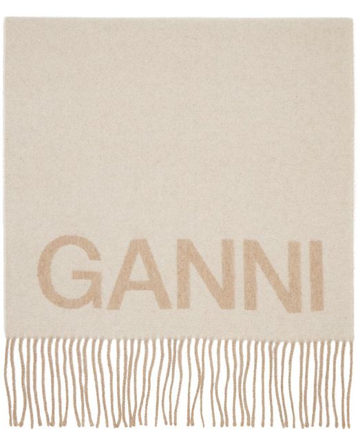 Ganni Natural Beige Fringe Logo Scarf