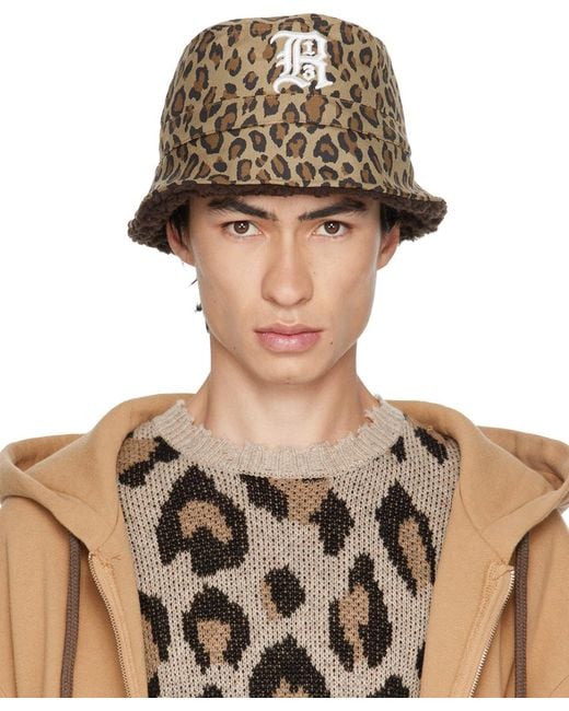 R13 Brown Beige Leopard Logo Bucket Hat for men