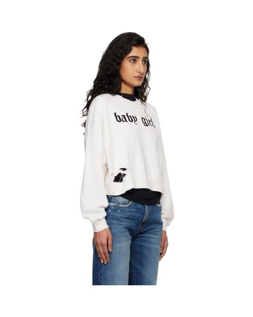 R13 Blue Off- 'Baby Girl' Cropped Crewneck Sweatshirt