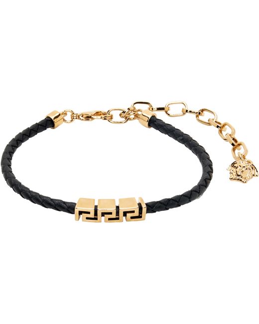 Versace メンズ ブラック グレカ レザーブレスレット【公式通販】