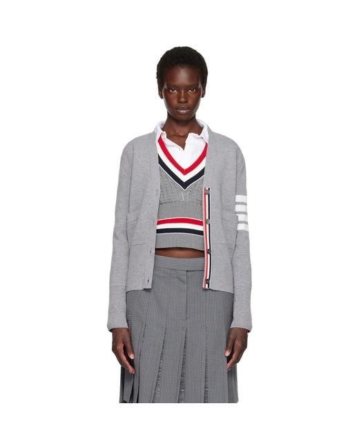 Thom Browne Gray Wool 4-Bar V-Neck Cardigan
