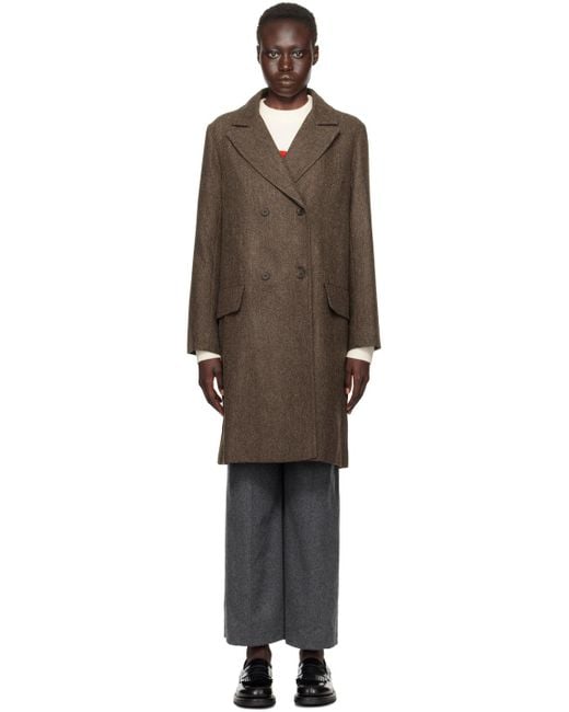 A.P.C. Black Herringbone Tweed Double-Breasted Coat