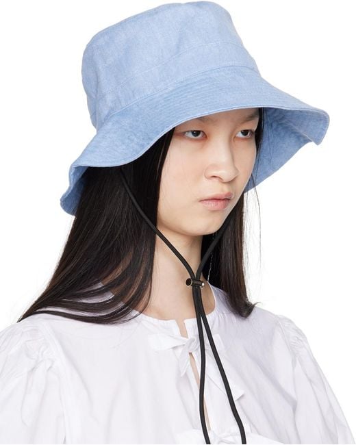 Ganni Blue Chin Strap Denim Bucket Hat