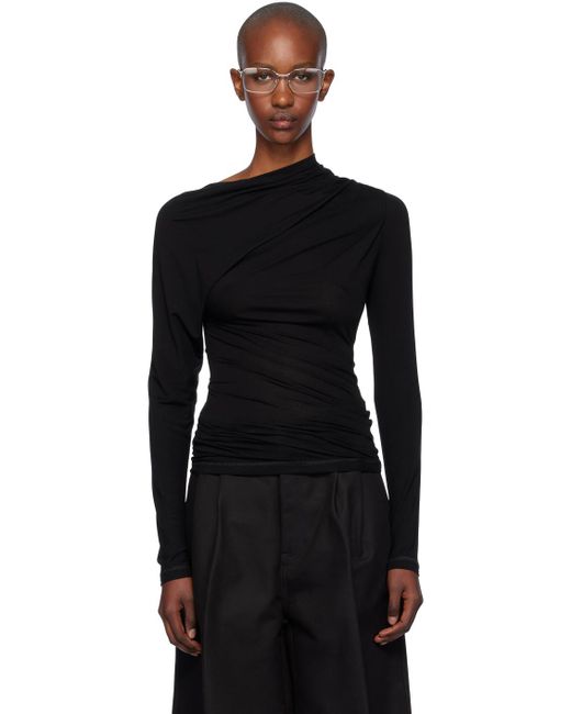 Helmut Lang Black Asymmetric Draped Lyocell T-Shirt