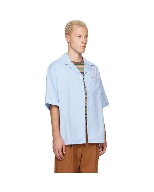 Marni Blue Peeping Logo Poplin Bowling Shirt for men