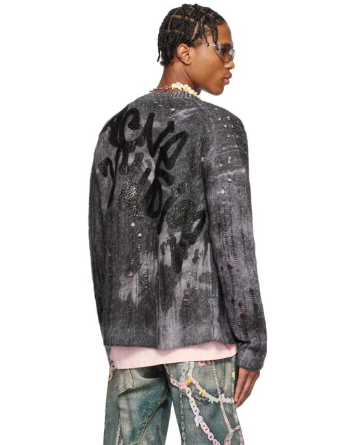 メンズ Acne グレー プリント ニットカーディガン Black