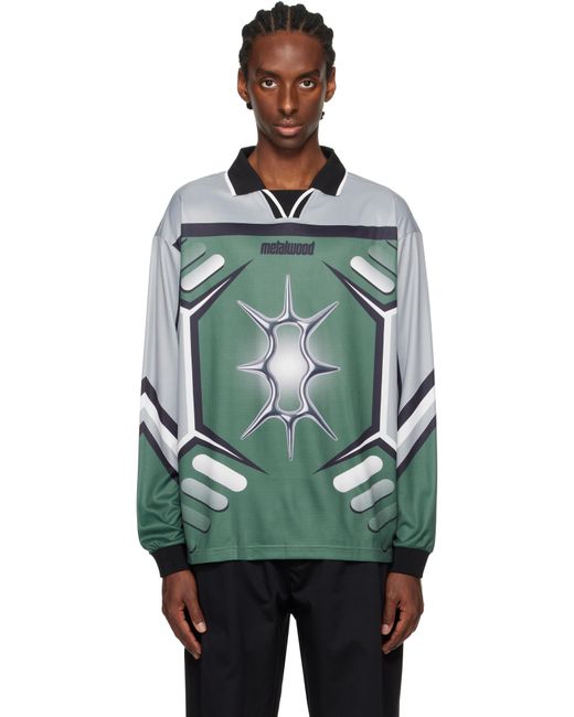 メンズ METALWOOD STUDIO グレー＆グリーン X-Games ジャージ 長袖ポロシャツ Green