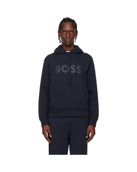 Boss Blue Printed-Logo Hoodie for men