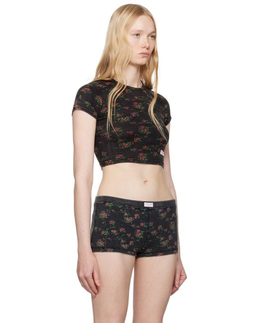 Alexander Wang ブラック フローラルプリント コットンリブ ベビーTシャツ Black