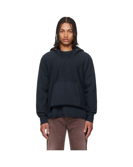Les Tien Blue Heavyweight Raw Cropped Hoodie for men