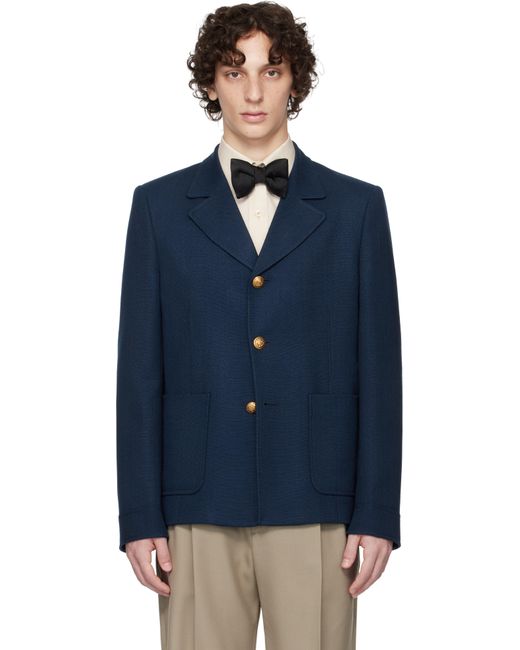 メンズ Valentino ネイビー ビスコースキャンバス スリムフィット テーラードジャケット Blue