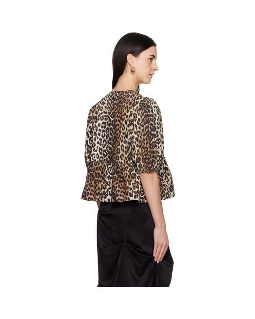 Ganni Black Tan Leopard Cotton Poplin Peplum Tie Blouse
