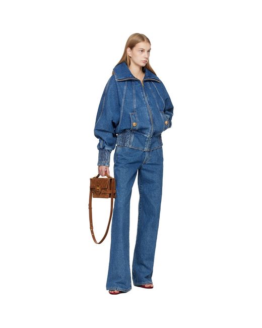 Balmain Blue Zipped Denim Bomber Jacket