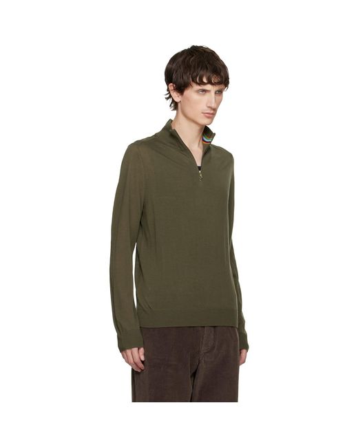 Paul Smith Green Khaki Merino Wool Half-Zip Sweater for men