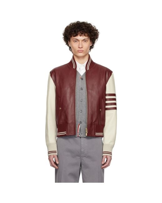 Thom Browne Red Leather Classic Bomber Jacket for men