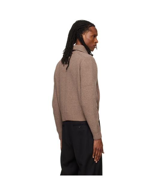 TONYWACK Brown High Neck Merino Wool Cardigan for men