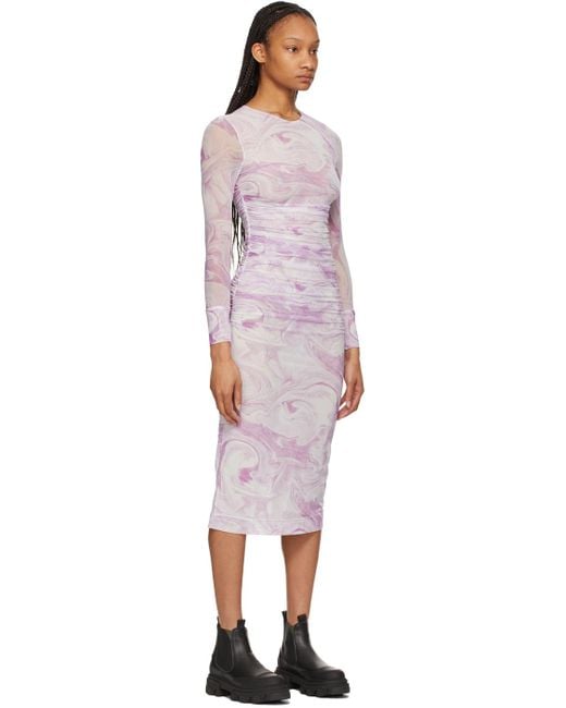 Ganni White Purple Mesh Printed Dress Lyst Canada
