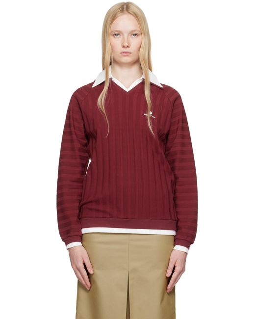 ShuShu/Tong Red Burgundy Striped Knitted Long-Sleeved Polo