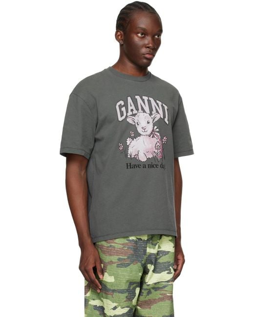 Ganni Black Gray Relaxed Lamb T-shirt for men