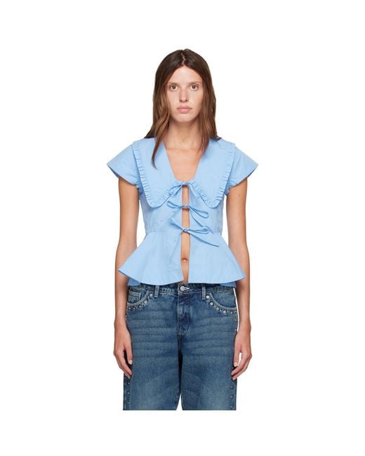 Ganni Blue Cotton Poplin Blouse