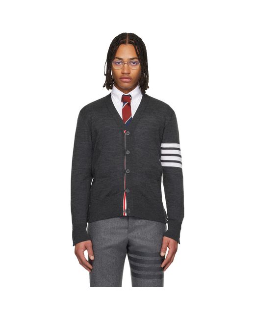 Thom Browne Black Merino Wool-Bar Classic V-Neck Cardigan for men