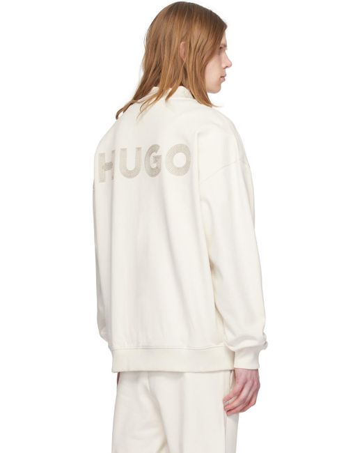 メンズ HUGO オフホワイト ロゴ刺繍 ボンバージャケット White