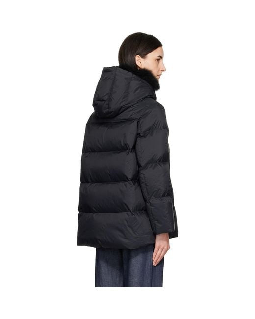 Yves Salomon Black Waterproof Technical Lambswool Trim A-Line Down Jacket