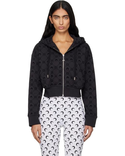 MARINE SERRE Black Moonogram Flocked Fleece Cropped Zipped Hoodie