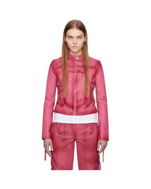 Blumarine Red Pink Guêpière Leather Biker Jacket