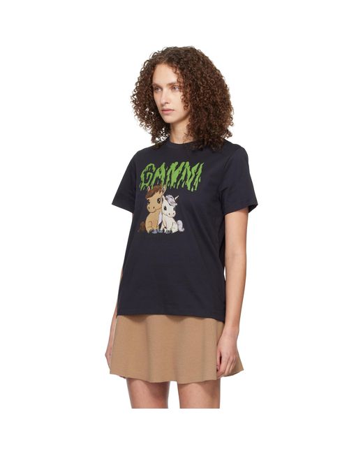 Ganni Black Graphic Cotton T-Shirt