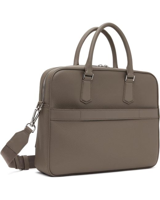 Boss Brown Taupe Leather Emed Logo Briefcase for men