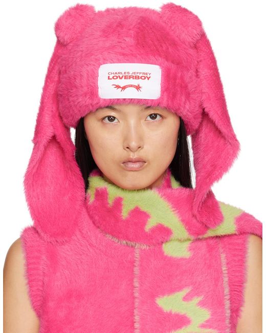 Charles Jeffrey Pink Fluffy Chunky Rabbit Beanie