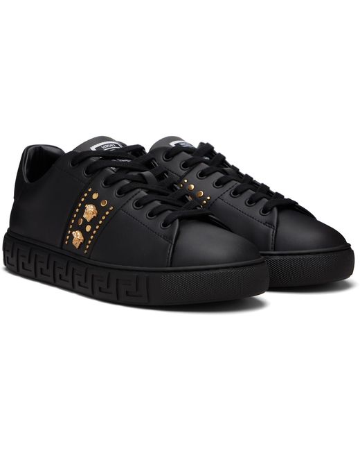 Versace Black Greca Embellished Nylon Faux-Leather Sneakers for men