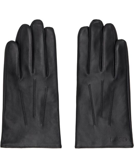 メンズ HUGO ブラック Wool-Blend Lining レザーグローブ Black