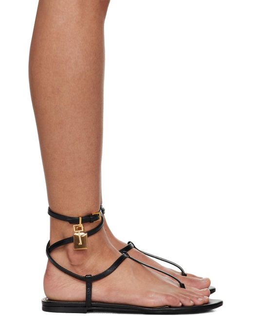 Tom Ford Brown Black Shiny Leather Padlock Thong Sandals
